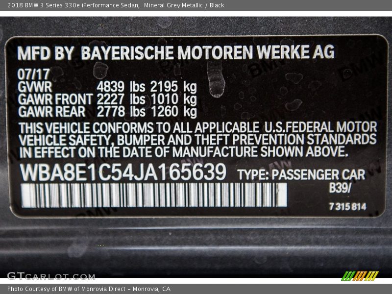 2018 3 Series 330e iPerformance Sedan Mineral Grey Metallic Color Code B39
