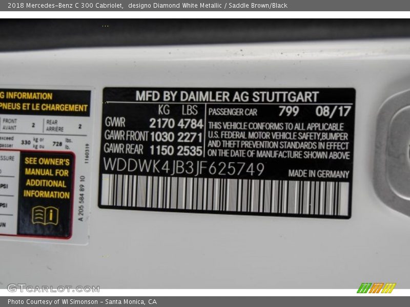 2018 C 300 Cabriolet designo Diamond White Metallic Color Code 799