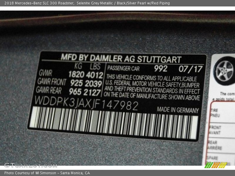 2018 SLC 300 Roadster Selenite Grey Metallic Color Code 992