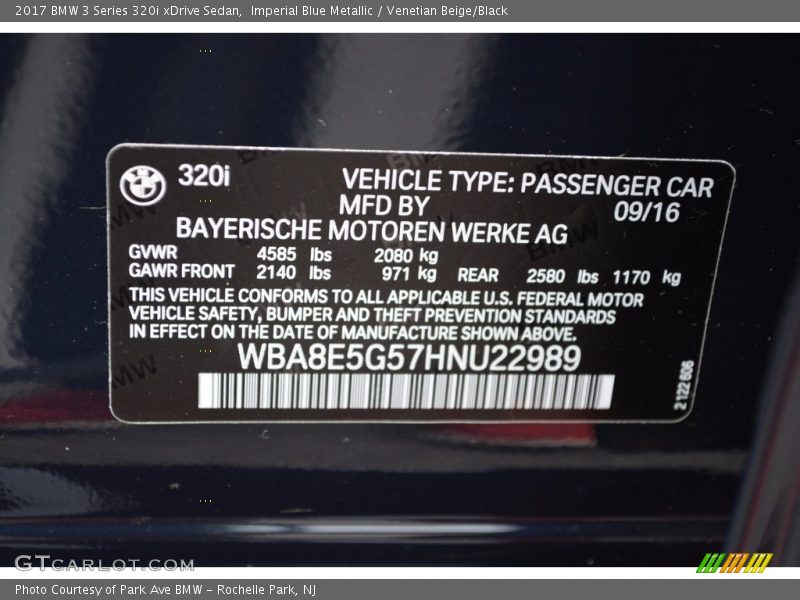 Imperial Blue Metallic / Venetian Beige/Black 2017 BMW 3 Series 320i xDrive Sedan