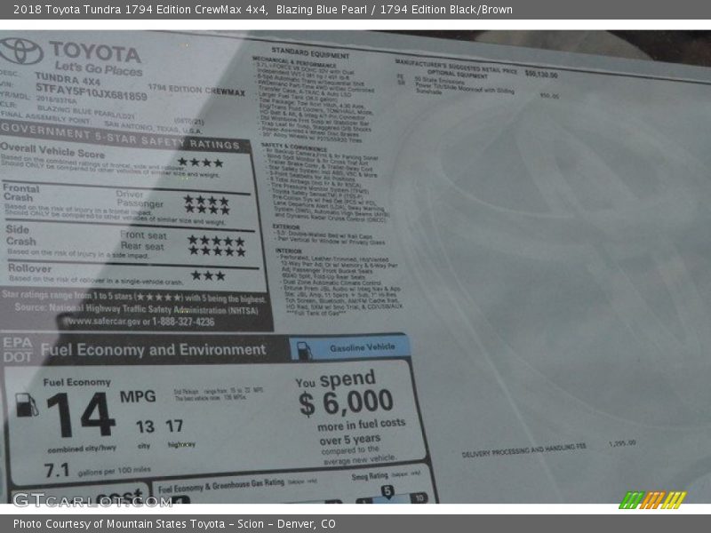  2018 Tundra 1794 Edition CrewMax 4x4 Window Sticker