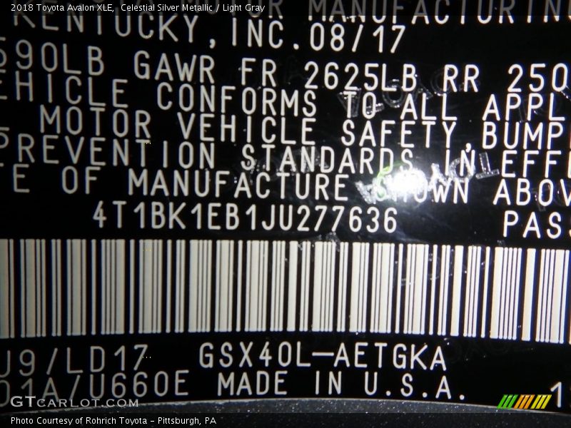 Celestial Silver Metallic / Light Gray 2018 Toyota Avalon XLE