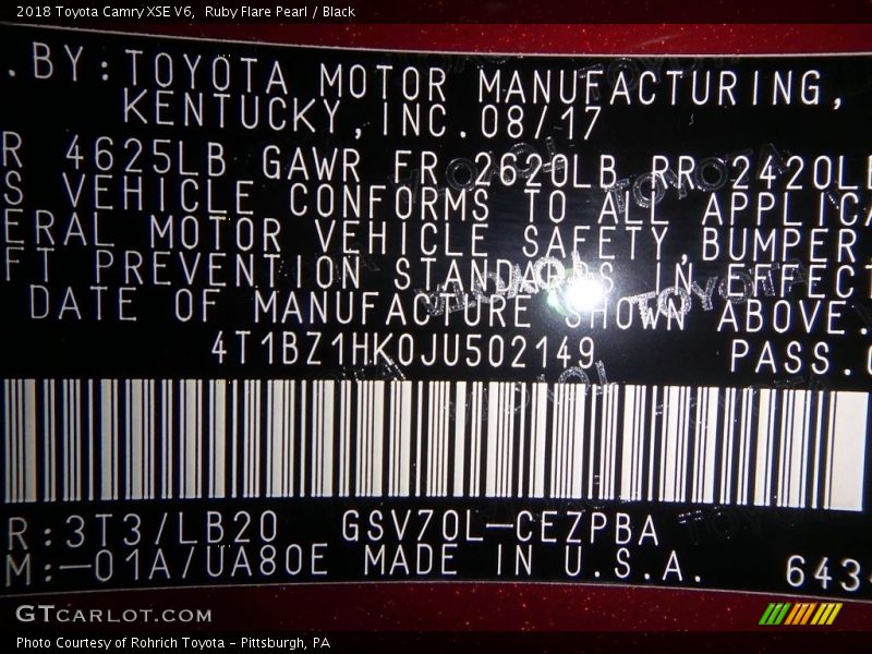 Ruby Flare Pearl / Black 2018 Toyota Camry XSE V6