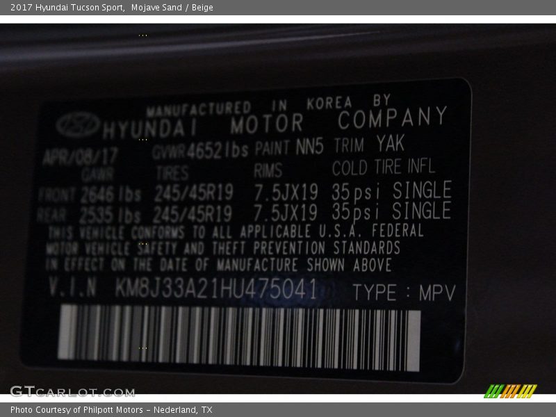 Mojave Sand / Beige 2017 Hyundai Tucson Sport
