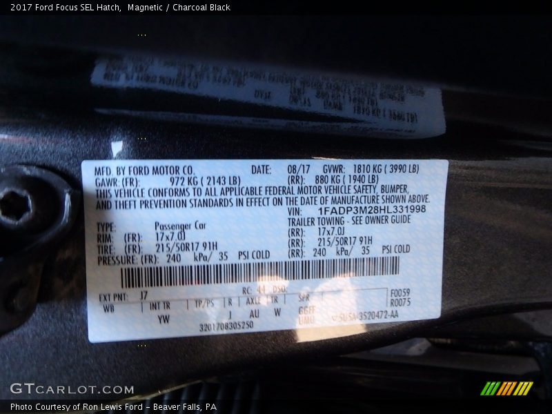2017 Focus SEL Hatch Magnetic Color Code J7