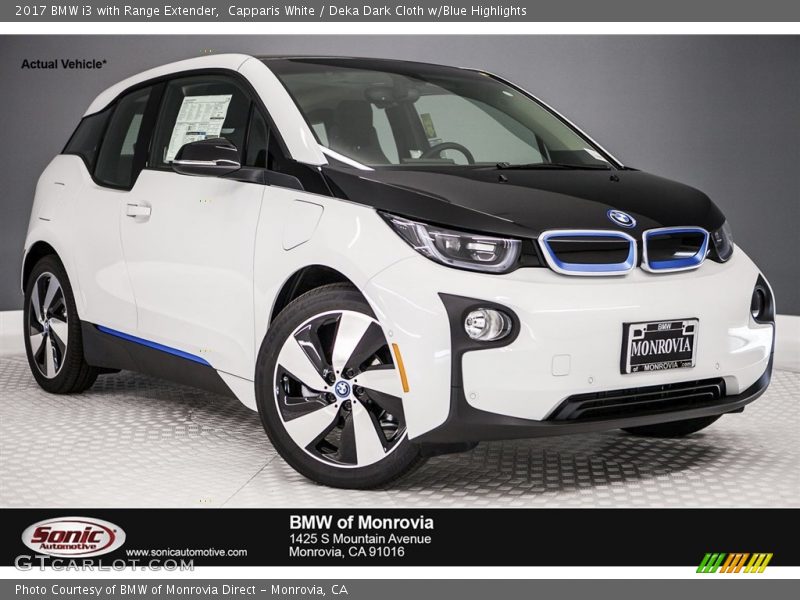 Capparis White / Deka Dark Cloth w/Blue Highlights 2017 BMW i3 with Range Extender