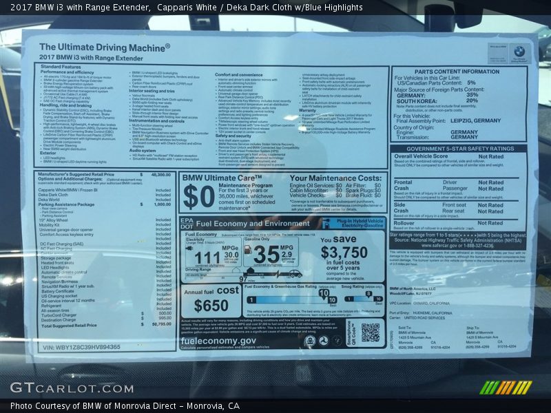 Capparis White / Deka Dark Cloth w/Blue Highlights 2017 BMW i3 with Range Extender