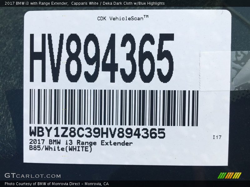 Capparis White / Deka Dark Cloth w/Blue Highlights 2017 BMW i3 with Range Extender