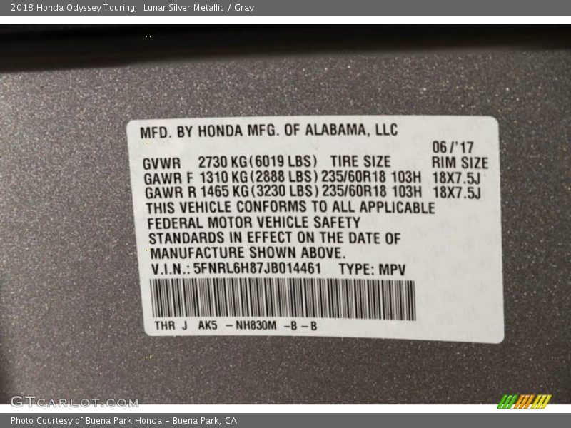 Lunar Silver Metallic / Gray 2018 Honda Odyssey Touring