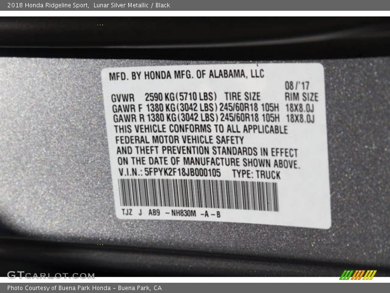 2018 Ridgeline Sport Lunar Silver Metallic Color Code NH830M