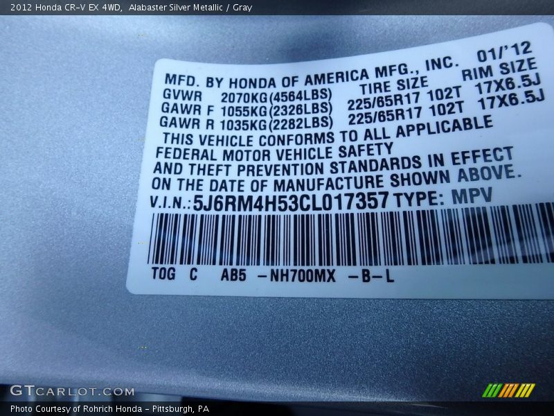 Alabaster Silver Metallic / Gray 2012 Honda CR-V EX 4WD