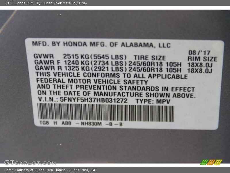 Lunar Silver Metallic / Gray 2017 Honda Pilot EX