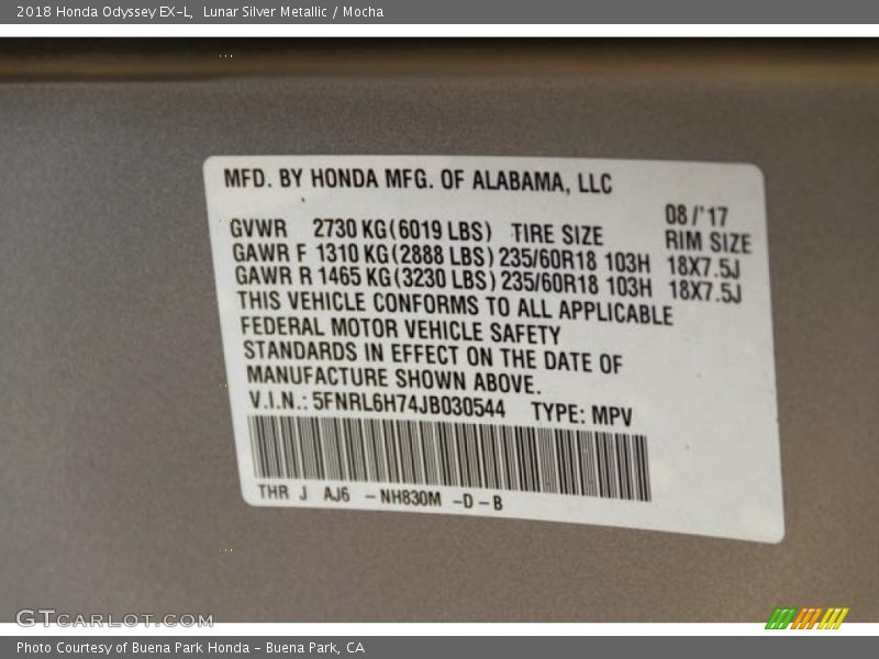 Lunar Silver Metallic / Mocha 2018 Honda Odyssey EX-L