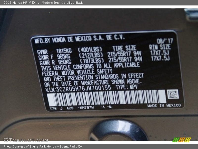 Modern Steel Metallic / Black 2018 Honda HR-V EX-L