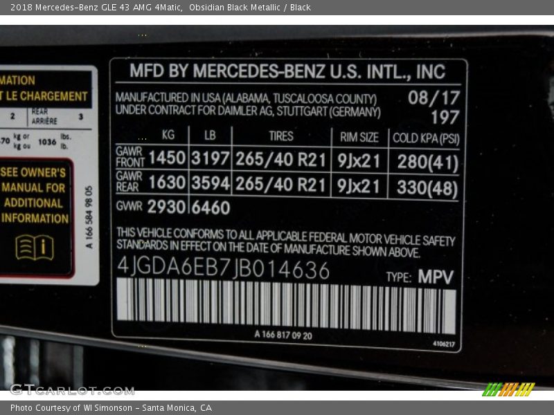 2018 GLE 43 AMG 4Matic Obsidian Black Metallic Color Code 197
