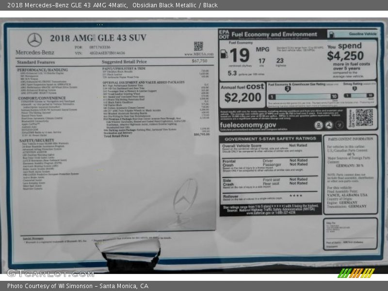  2018 GLE 43 AMG 4Matic Window Sticker