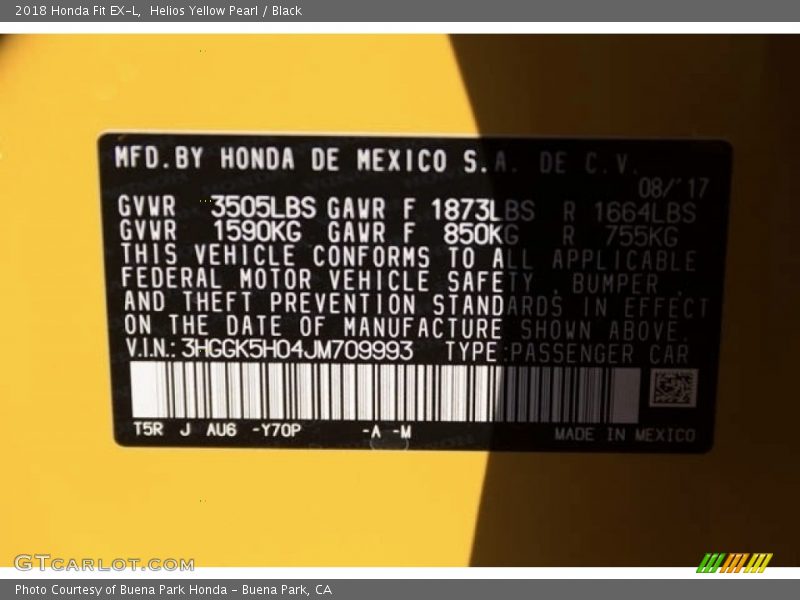 2018 Fit EX-L Helios Yellow Pearl Color Code Y70P