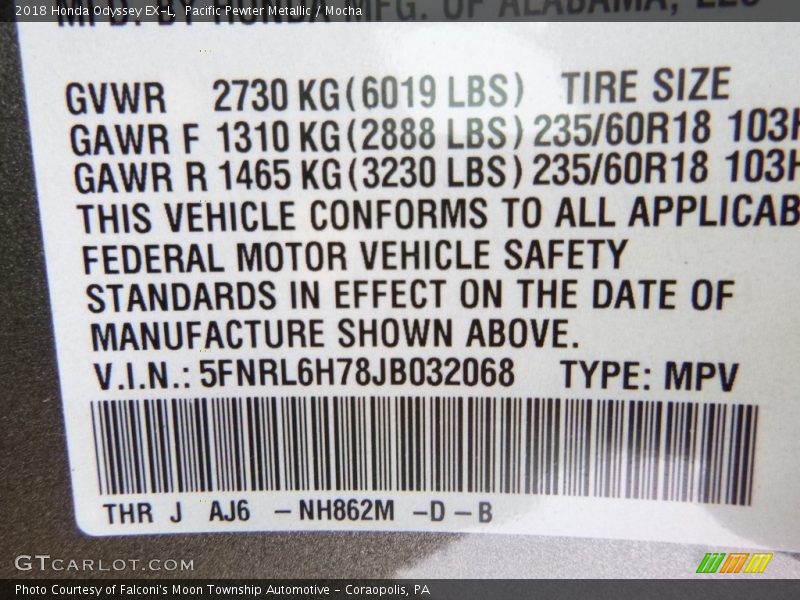 Pacific Pewter Metallic / Mocha 2018 Honda Odyssey EX-L