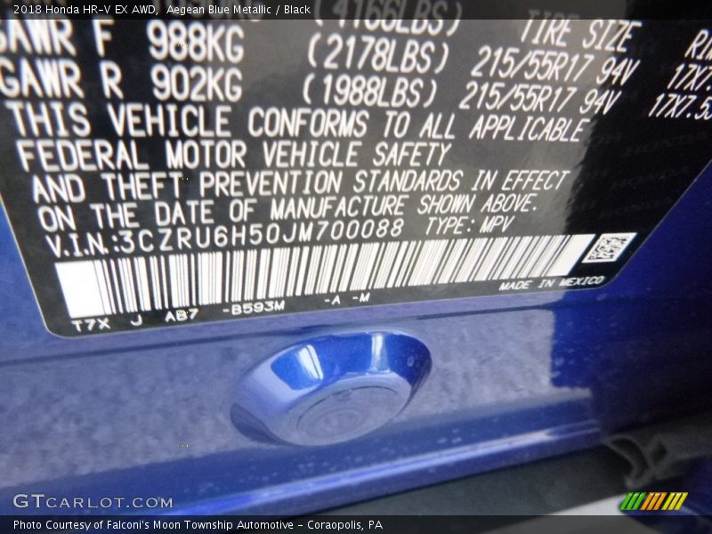 Aegean Blue Metallic / Black 2018 Honda HR-V EX AWD