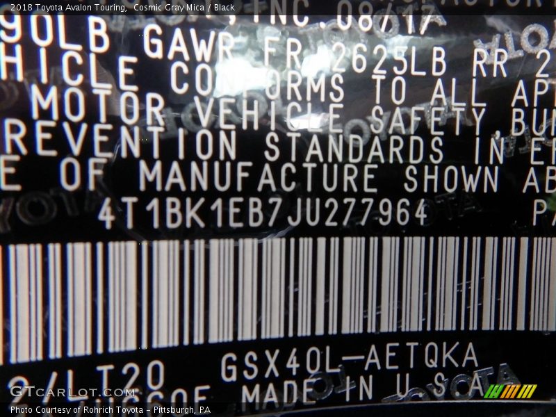 Cosmic Gray Mica / Black 2018 Toyota Avalon Touring