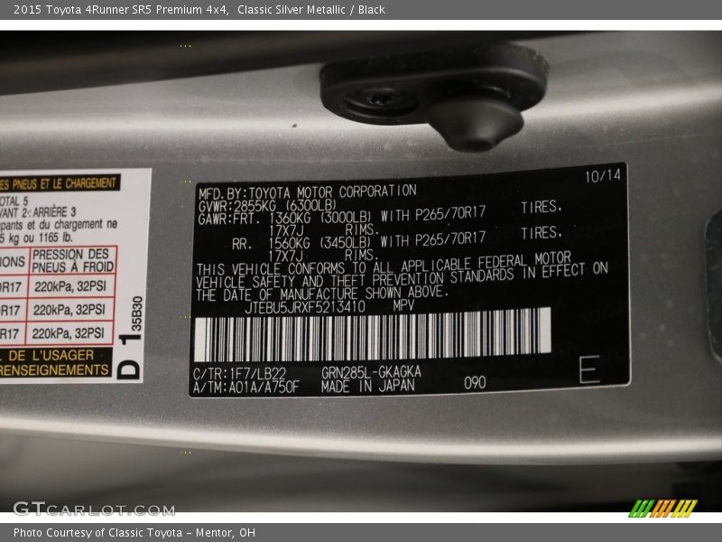 Classic Silver Metallic / Black 2015 Toyota 4Runner SR5 Premium 4x4