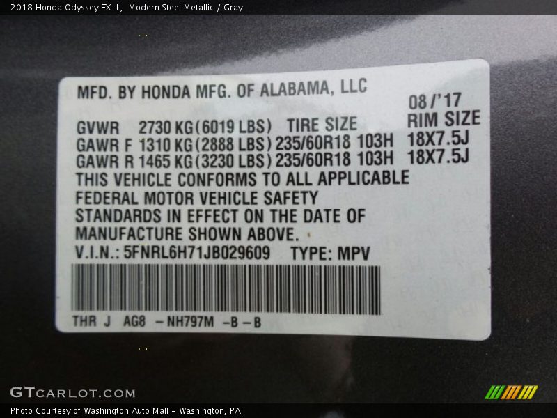 Modern Steel Metallic / Gray 2018 Honda Odyssey EX-L