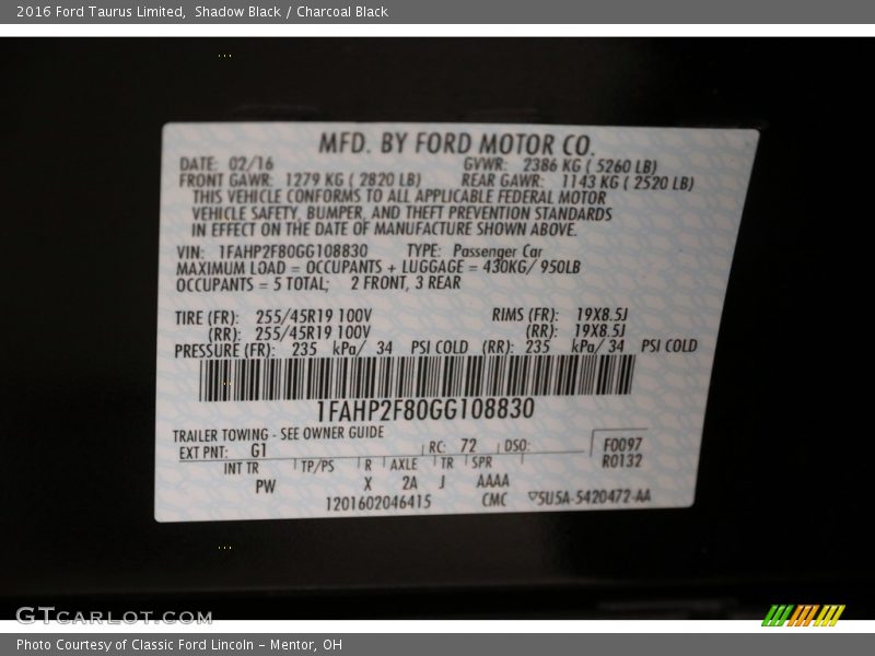 Shadow Black / Charcoal Black 2016 Ford Taurus Limited