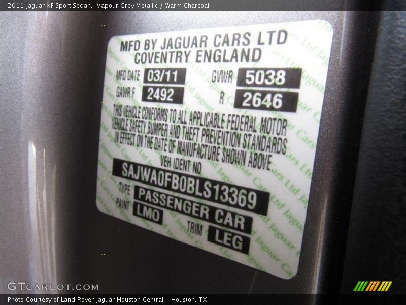 Vapour Grey Metallic / Warm Charcoal 2011 Jaguar XF Sport Sedan