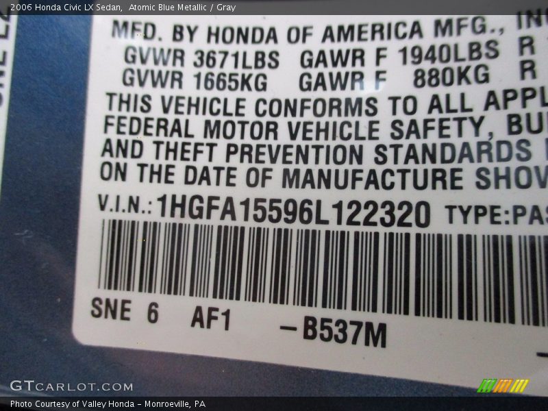 Atomic Blue Metallic / Gray 2006 Honda Civic LX Sedan