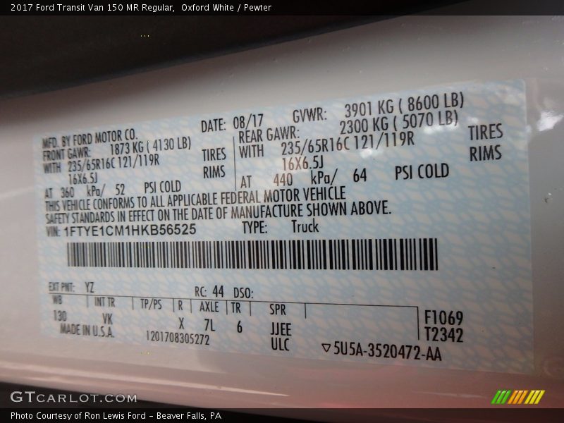 Oxford White / Pewter 2017 Ford Transit Van 150 MR Regular
