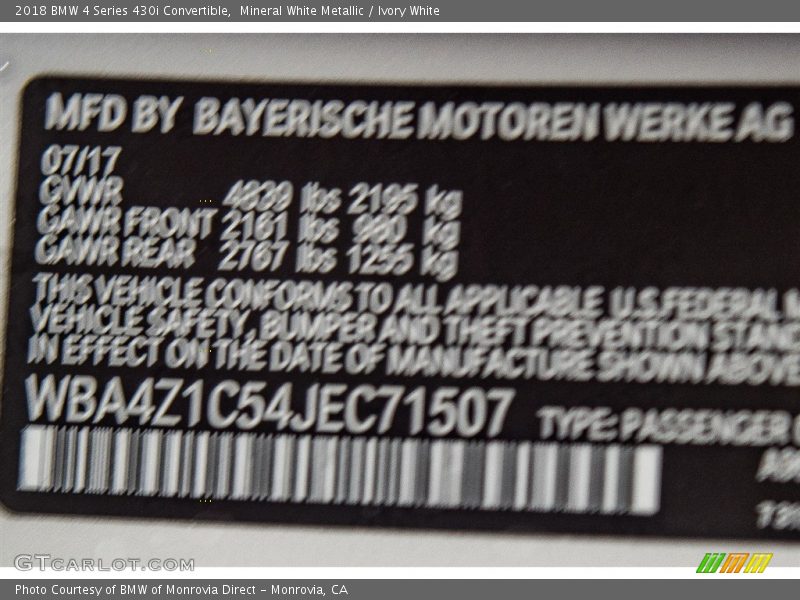 Mineral White Metallic / Ivory White 2018 BMW 4 Series 430i Convertible