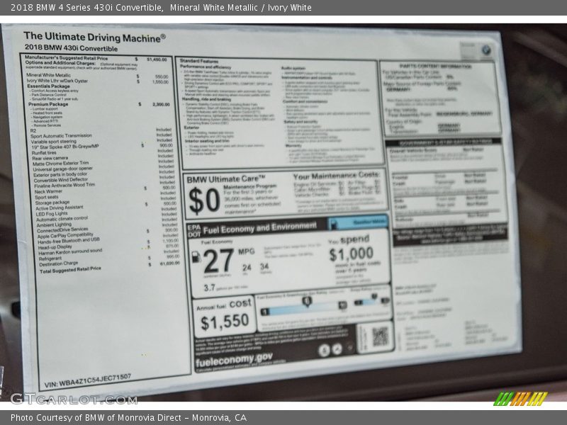  2018 4 Series 430i Convertible Window Sticker