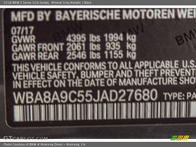 Mineral Grey Metallic / Black 2018 BMW 3 Series 320i Sedan