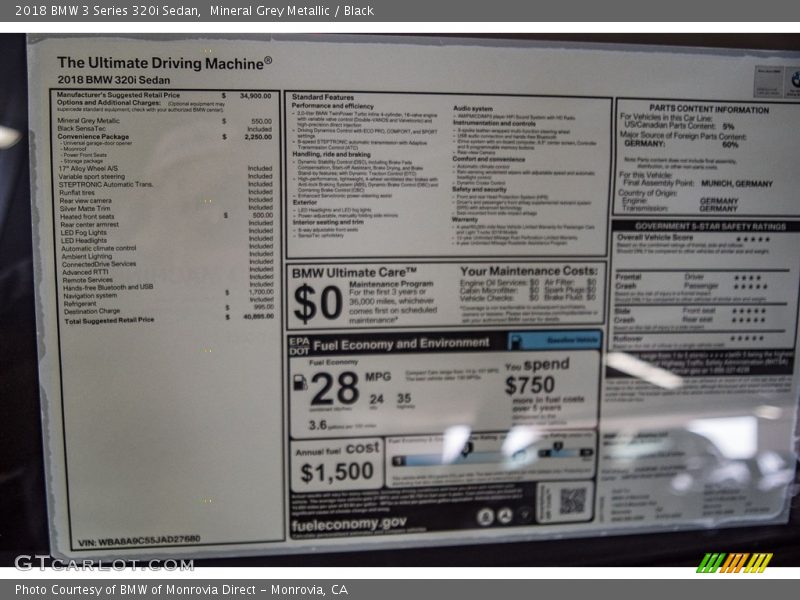  2018 3 Series 320i Sedan Window Sticker