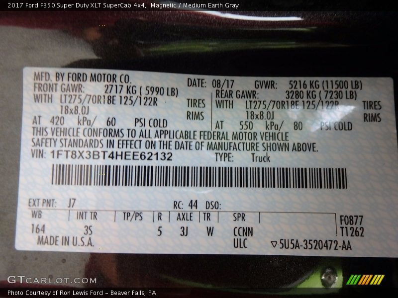2017 F350 Super Duty XLT SuperCab 4x4 Magnetic Color Code J7