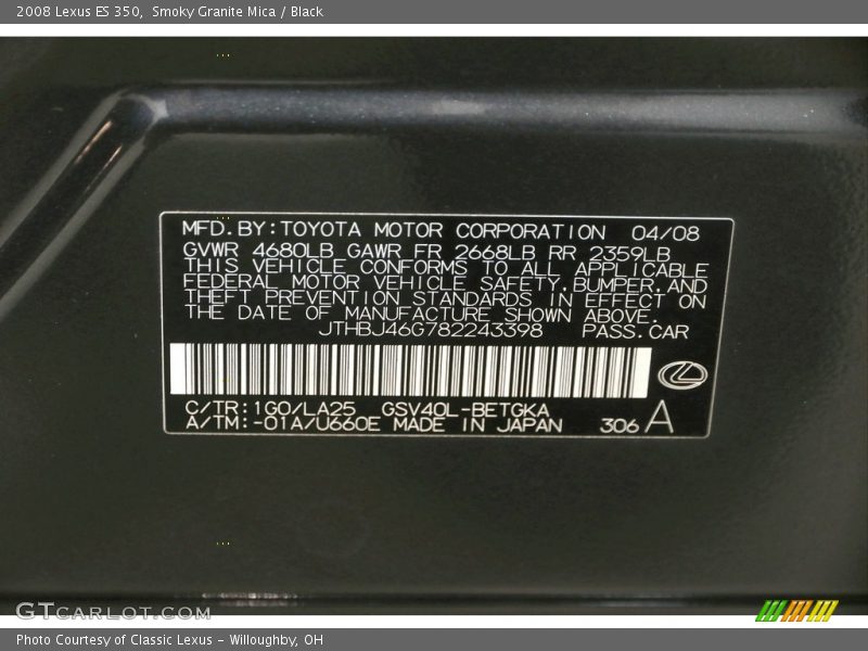 Smoky Granite Mica / Black 2008 Lexus ES 350