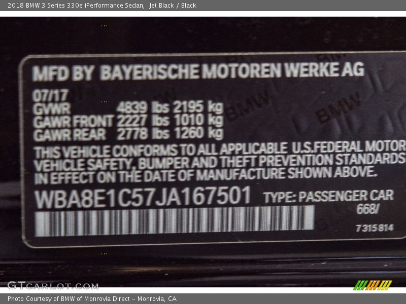 Jet Black / Black 2018 BMW 3 Series 330e iPerformance Sedan