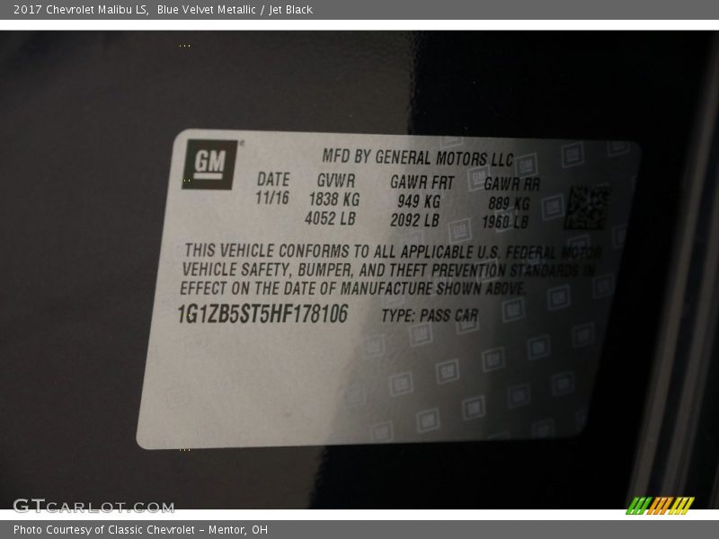Blue Velvet Metallic / Jet Black 2017 Chevrolet Malibu LS