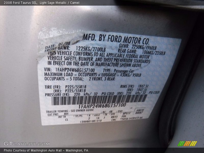 Light Sage Metallic / Camel 2008 Ford Taurus SEL