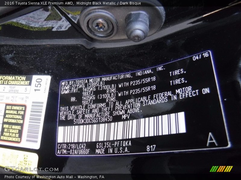 Midnight Black Metallic / Dark Bisque 2016 Toyota Sienna XLE Premium AWD