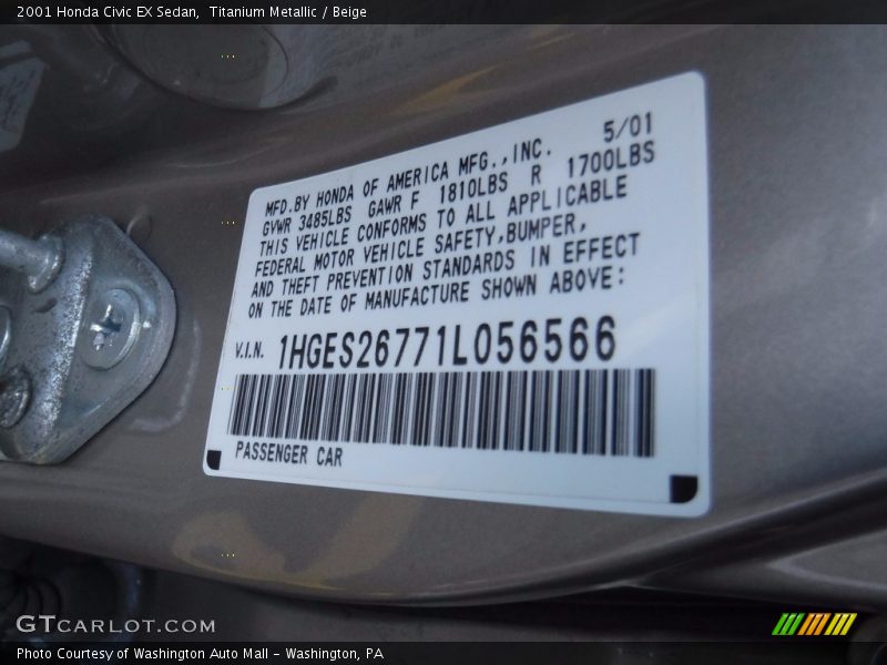 Titanium Metallic / Beige 2001 Honda Civic EX Sedan