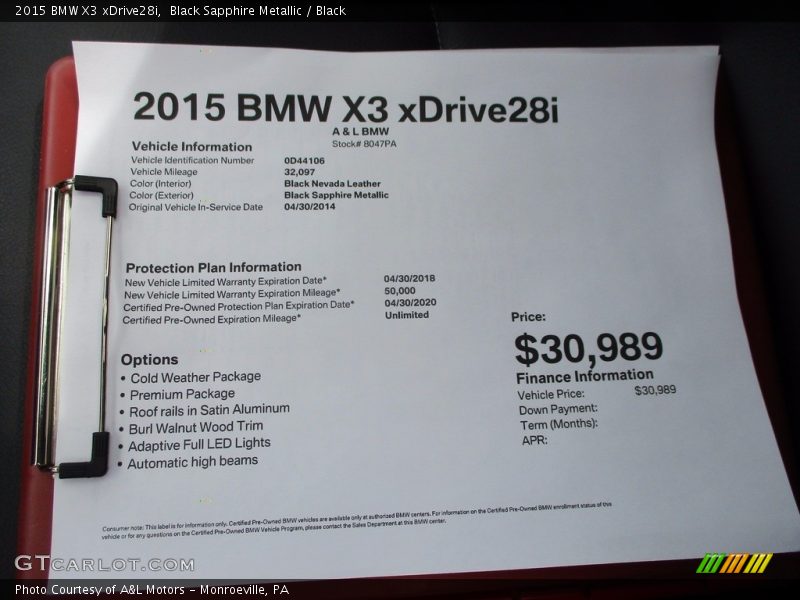 Black Sapphire Metallic / Black 2015 BMW X3 xDrive28i