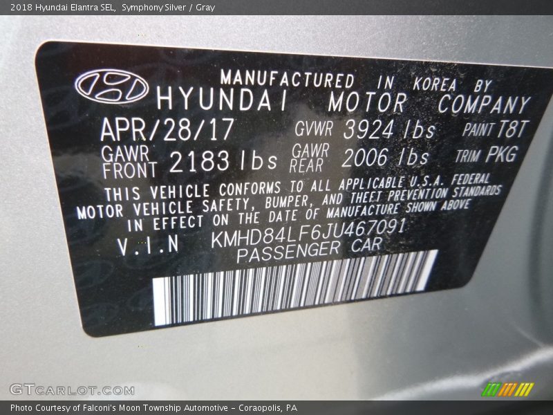Symphony Silver / Gray 2018 Hyundai Elantra SEL
