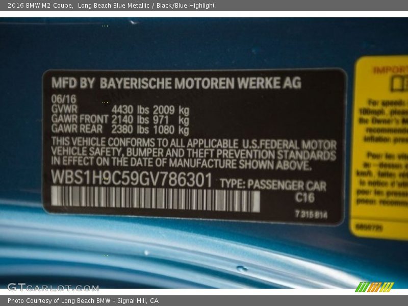 Long Beach Blue Metallic / Black/Blue Highlight 2016 BMW M2 Coupe