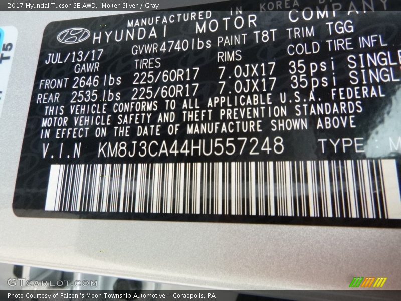 Molten Silver / Gray 2017 Hyundai Tucson SE AWD