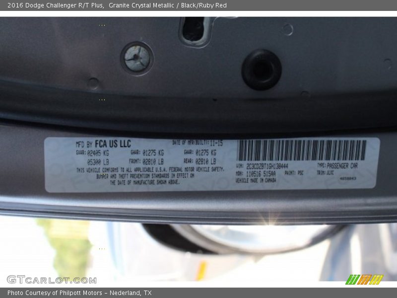 Granite Crystal Metallic / Black/Ruby Red 2016 Dodge Challenger R/T Plus