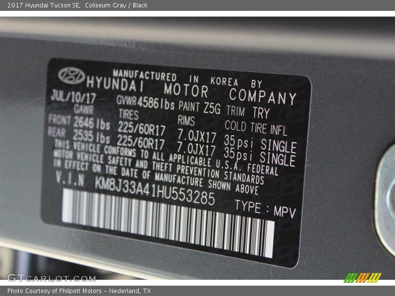 Coliseum Gray / Black 2017 Hyundai Tucson SE