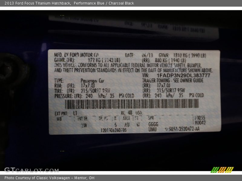 Performance Blue / Charcoal Black 2013 Ford Focus Titanium Hatchback