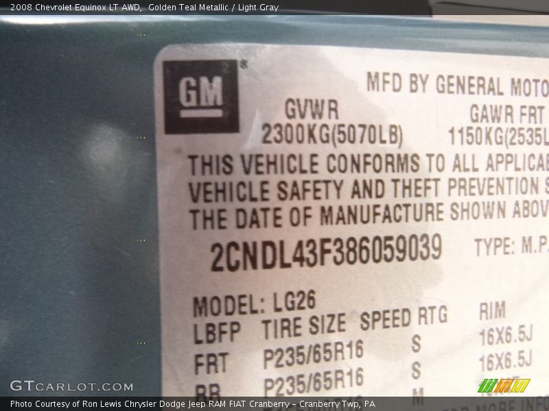 Golden Teal Metallic / Light Gray 2008 Chevrolet Equinox LT AWD