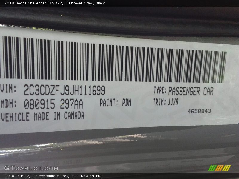 Destroyer Gray / Black 2018 Dodge Challenger T/A 392